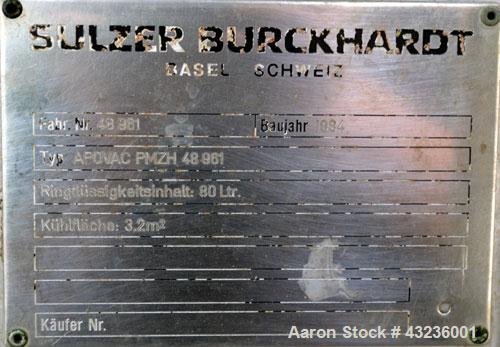 Used Sulzer Burckhardt Apovac System, Type PMZH-48-961, Stainless Steel. Consisting of: (1) Sulzer Burckhardt vacuum pump, model PMH 2510 D2X3, serial #48025. Approximate capacity 50-135 cubic meters...