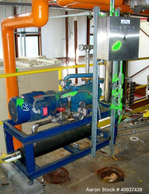 Used Travaini Two Stage Liquid Ring Vacuum pump, model TRHC40-190-C-A3, 316 stainless steel. Approximately 111 cfm.         1 1/2" inlet/outlet. Includes manifold and tank. Driven by a 10hp, 3/60/230...