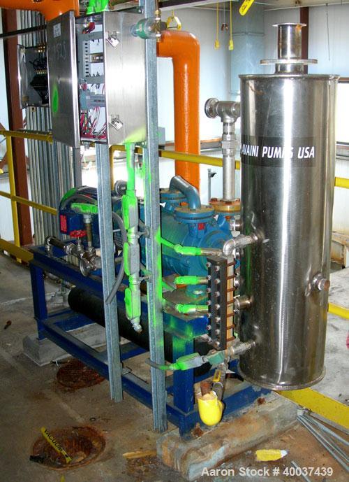 Used Travaini Two Stage Liquid Ring Vacuum pump, model TRHC40-190-C-A3, 316 stainless steel. Approximately 111 cfm.         1 1/2" inlet/outlet. Includes manifold and tank. Driven by a 10hp, 3/60/230...