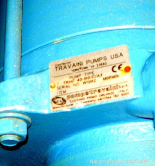 Used Travaini Two Stage Liquid Ring Vacuum pump, model TRHC40-190-C-A3, 316 stainless steel. Approximately 111 cfm.         1 1/2" inlet/outlet. Includes manifold and tank. Driven by a 10hp, 3/60/230...