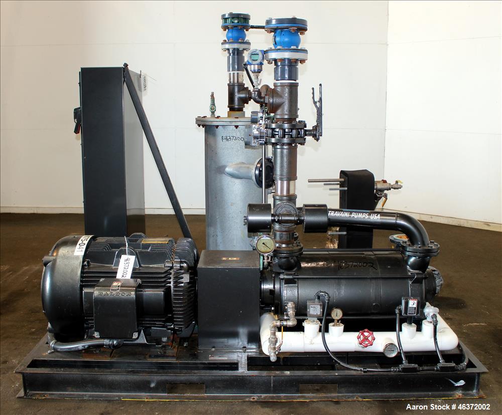 Used Travaini Vacuum System, Model TRW1000H-FR, Carbon Steel. Consisting of Travaini vacuum pump, model TRHE100-1600/X-C/F, serial #AN214-FDPKG, approximately 1000 CFM, 4" inlet/outlet, driven by 100...