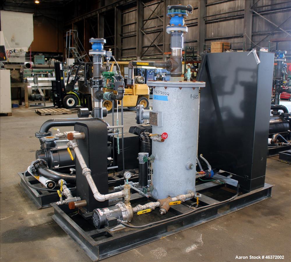 Used Travaini Vacuum System, Model TRW1000H-FR, Carbon Steel. Consisting of Travaini vacuum pump, model TRHE100-1600/X-C/F, serial #AN214-FDPKG, approximately 1000 CFM, 4" inlet/outlet, driven by 100...