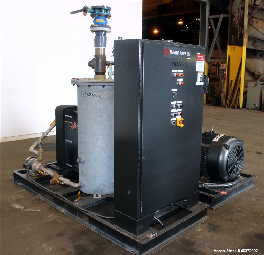 Used Travaini Vacuum System, Model TRW1000H-FR, Carbon Steel. Consisting of Travaini vacuum pump, model TRHE100-1600/X-C/F, serial #AN214-FDPKG, approximately 1000 CFM, 4" inlet/outlet, driven by 100...