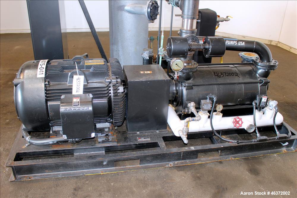Used Travaini Vacuum System, Model TRW1000H-FR, Carbon Steel. Consisting of Travaini vacuum pump, model TRHE100-1600/X-C/F, serial #AN214-FDPKG, approximately 1000 CFM, 4" inlet/outlet, driven by 100...
