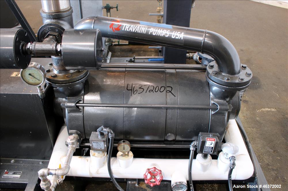 Used Travaini Vacuum System, Model TRW1000H-FR, Carbon Steel. Consisting of Travaini vacuum pump, model TRHE100-1600/X-C/F, serial #AN214-FDPKG, approximately 1000 CFM, 4" inlet/outlet, driven by 100...