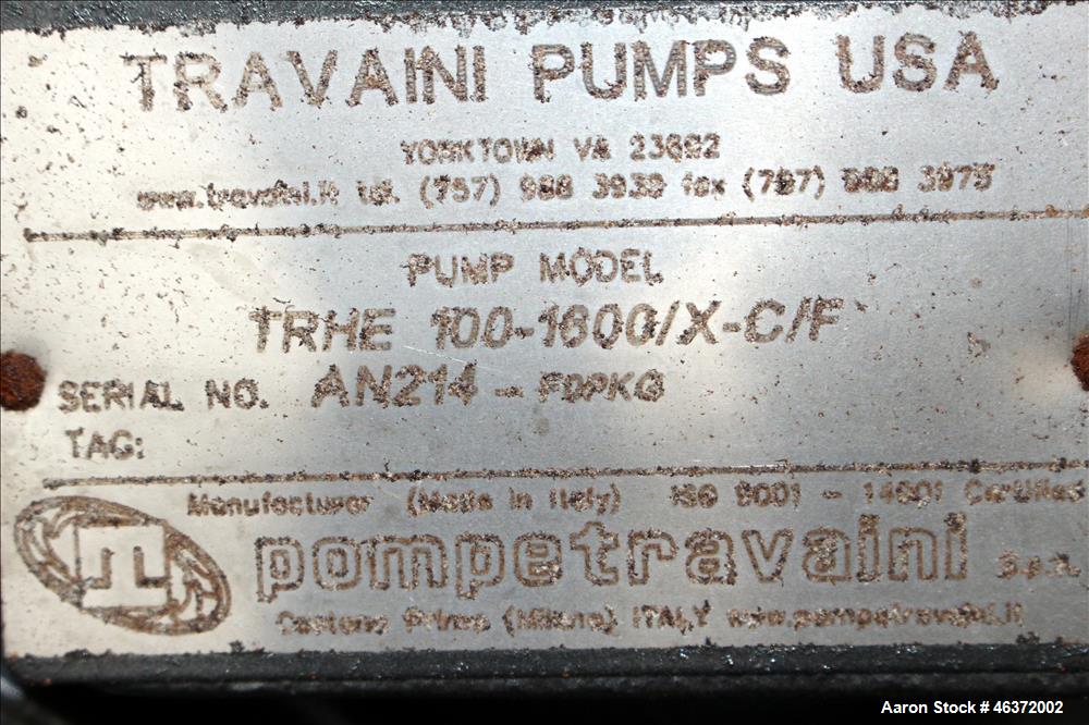 Used Travaini Vacuum System, Model TRW1000H-FR, Carbon Steel. Consisting of Travaini vacuum pump, model TRHE100-1600/X-C/F, serial #AN214-FDPKG, approximately 1000 CFM, 4" inlet/outlet, driven by 100...