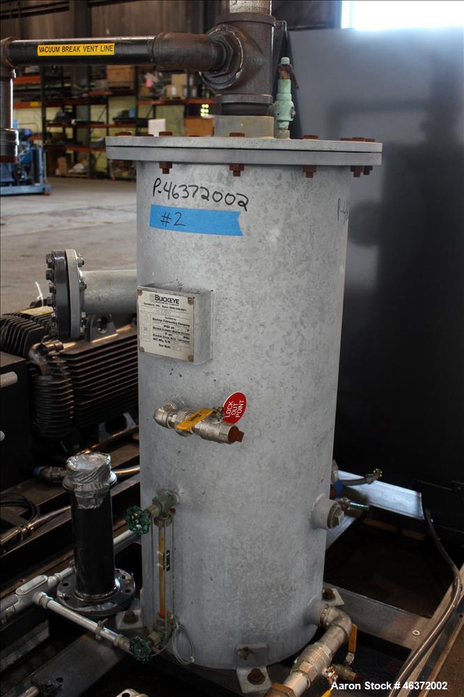 Used Travaini Vacuum System, Model TRW1000H-FR, Carbon Steel. Consisting of Travaini vacuum pump, model TRHE100-1600/X-C/F, serial #AN214-FDPKG, approximately 1000 CFM, 4" inlet/outlet, driven by 100...