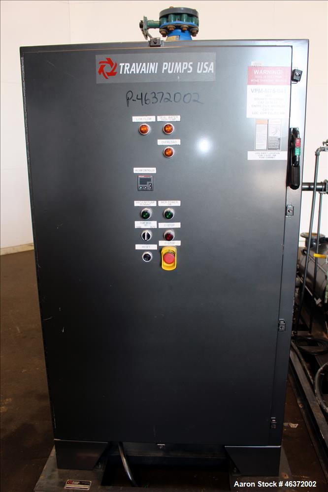 Used Travaini Vacuum System, Model TRW1000H-FR, Carbon Steel. Consisting of Travaini vacuum pump, model TRHE100-1600/X-C/F, serial #AN214-FDPKG, approximately 1000 CFM, 4" inlet/outlet, driven by 100...