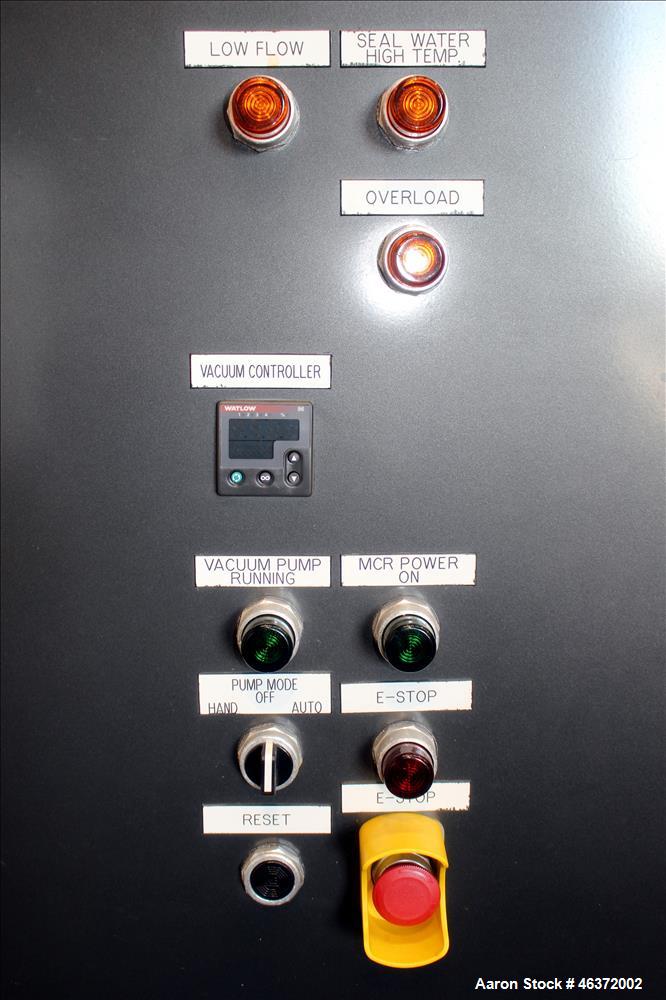 Used Travaini Vacuum System, Model TRW1000H-FR, Carbon Steel. Consisting of Travaini vacuum pump, model TRHE100-1600/X-C/F, serial #AN214-FDPKG, approximately 1000 CFM, 4" inlet/outlet, driven by 100...