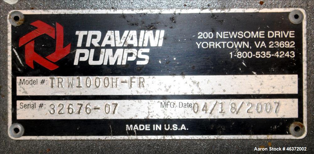 Used Travaini Vacuum System, Model TRW1000H-FR, Carbon Steel. Consisting of Travaini vacuum pump, model TRHE100-1600/X-C/F, serial #AN214-FDPKG, approximately 1000 CFM, 4" inlet/outlet, driven by 100...