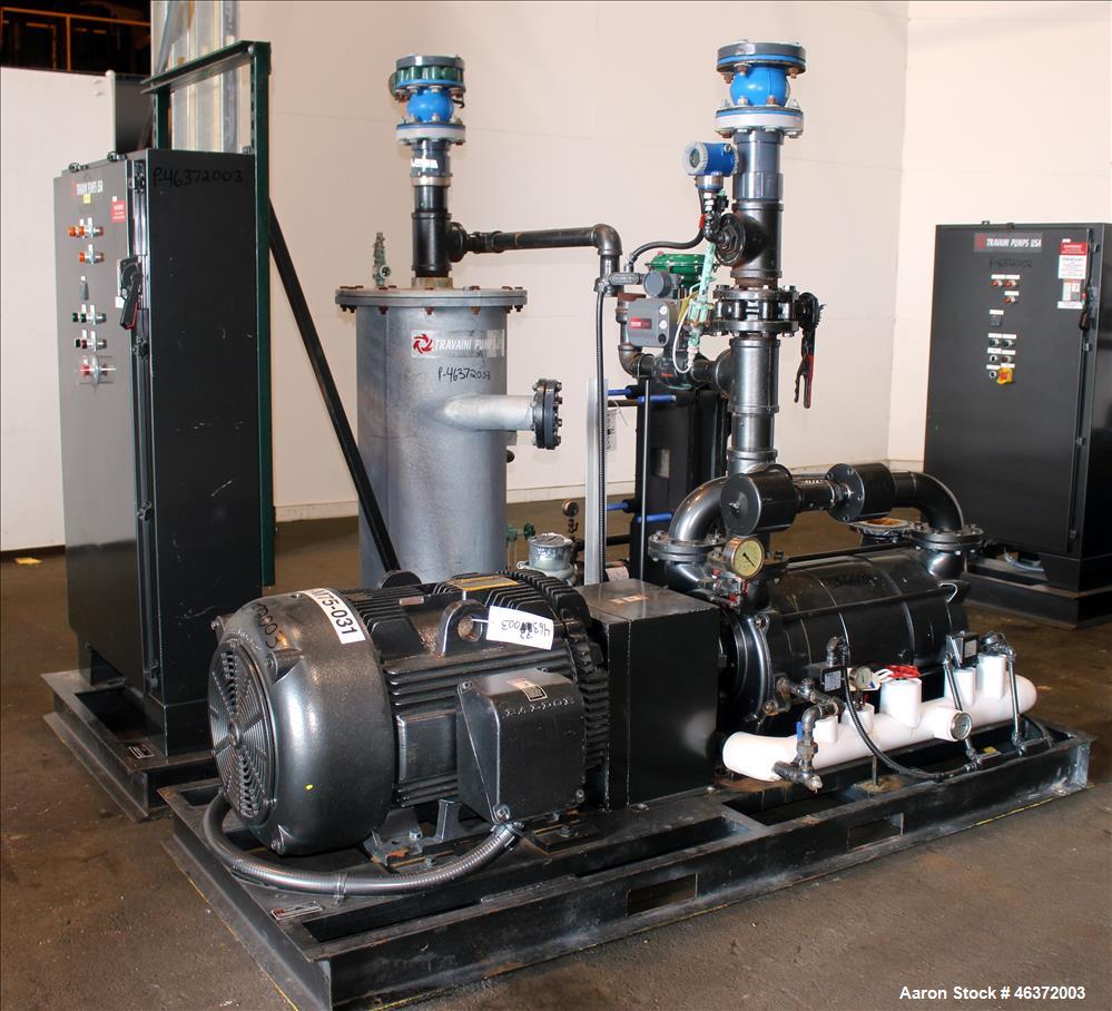 Used Travaini Vacuum System, Model TRW1000H-FR, Carbon Steel. Consisting of Travaini vacuum pump, model TRHE100-1600/X-C/F, serial #AC469-M0PXI, approximately 1000 CFM, 4" inlet/outlet, driven by 100...