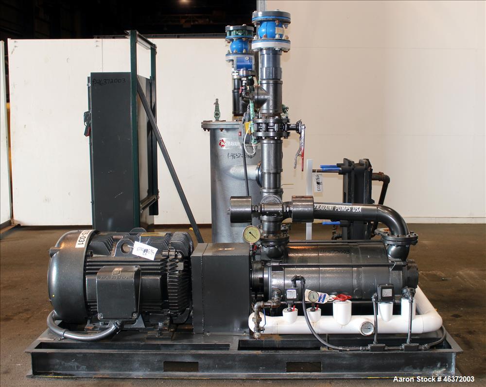 Used Travaini Vacuum System, Model TRW1000H-FR, Carbon Steel. Consisting of Travaini vacuum pump, model TRHE100-1600/X-C/F, serial #AC469-M0PXI, approximately 1000 CFM, 4" inlet/outlet, driven by 100...