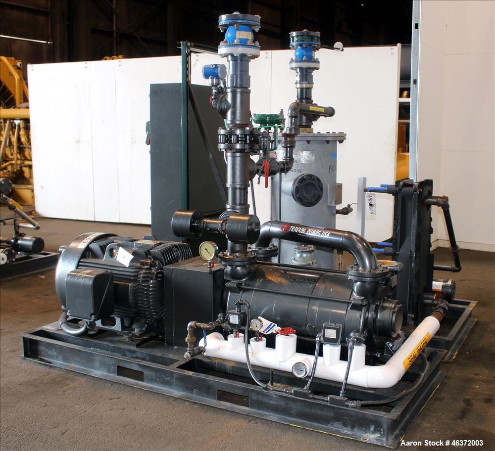 Used Travaini Vacuum System, Model TRW1000H-FR, Carbon Steel. Consisting of Travaini vacuum pump, model TRHE100-1600/X-C/F, serial #AC469-M0PXI, approximately 1000 CFM, 4" inlet/outlet, driven by 100...