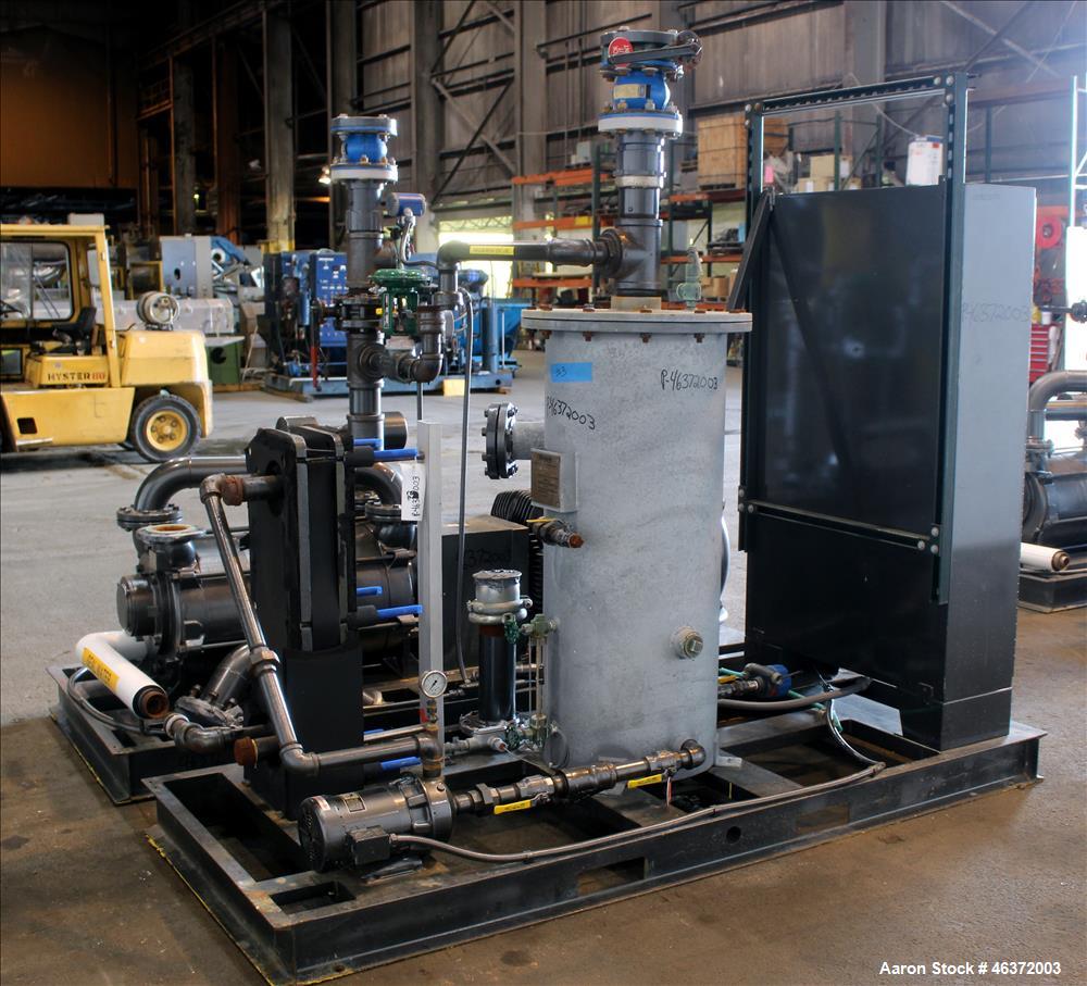 Used Travaini Vacuum System, Model TRW1000H-FR, Carbon Steel. Consisting of Travaini vacuum pump, model TRHE100-1600/X-C/F, serial #AC469-M0PXI, approximately 1000 CFM, 4" inlet/outlet, driven by 100...
