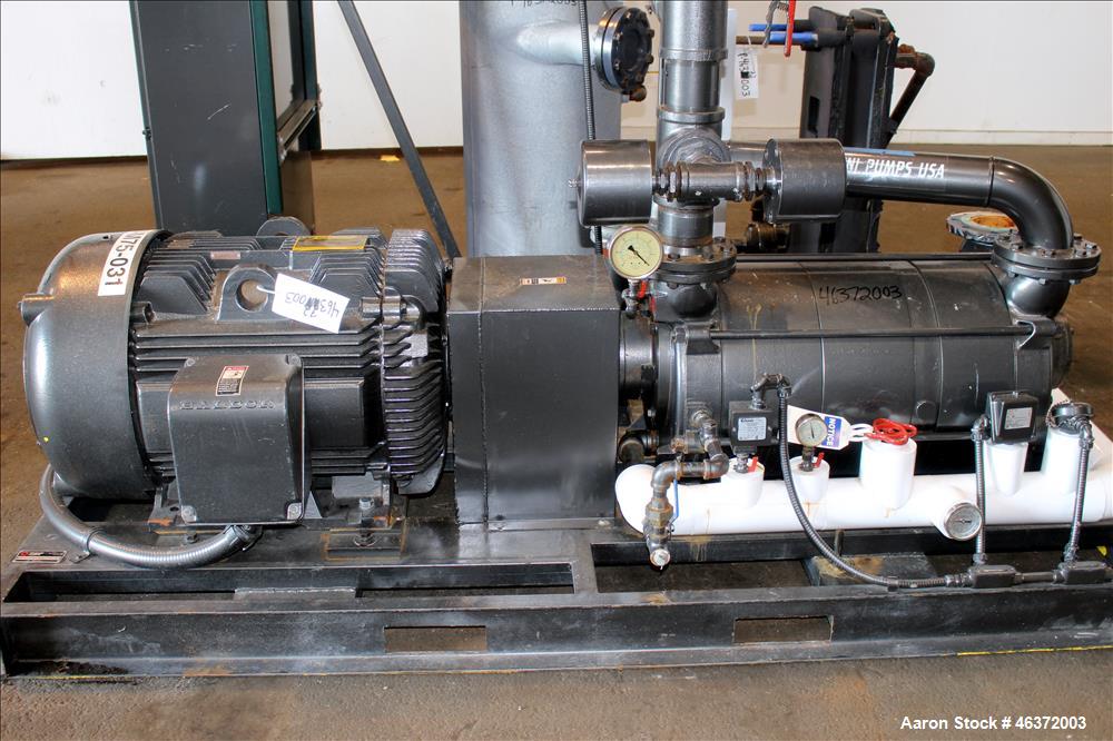 Used Travaini Vacuum System, Model TRW1000H-FR, Carbon Steel. Consisting of Travaini vacuum pump, model TRHE100-1600/X-C/F, serial #AC469-M0PXI, approximately 1000 CFM, 4" inlet/outlet, driven by 100...