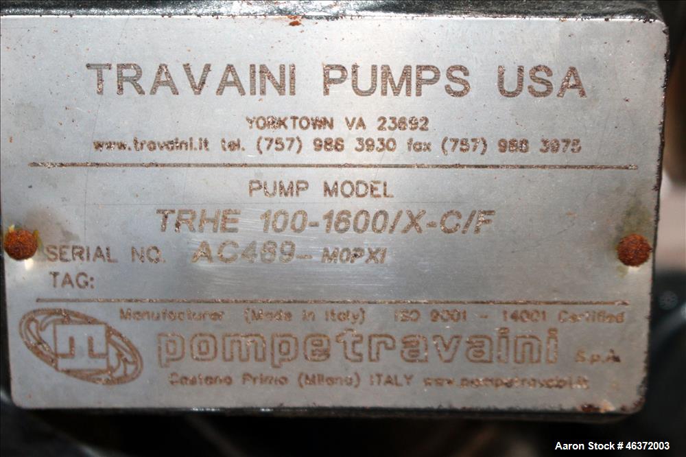 Used Travaini Vacuum System, Model TRW1000H-FR, Carbon Steel. Consisting of Travaini vacuum pump, model TRHE100-1600/X-C/F, serial #AC469-M0PXI, approximately 1000 CFM, 4" inlet/outlet, driven by 100...