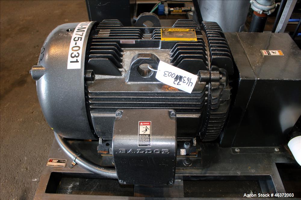 Used Travaini Vacuum System, Model TRW1000H-FR, Carbon Steel. Consisting of Travaini vacuum pump, model TRHE100-1600/X-C/F, serial #AC469-M0PXI, approximately 1000 CFM, 4" inlet/outlet, driven by 100...