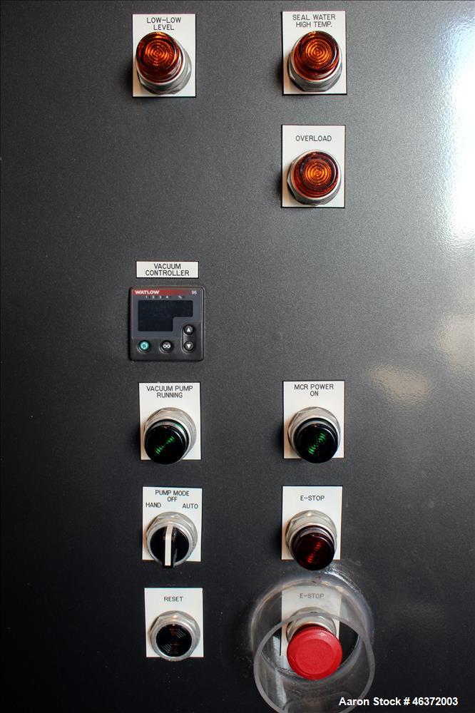 Used Travaini Vacuum System, Model TRW1000H-FR, Carbon Steel. Consisting of Travaini vacuum pump, model TRHE100-1600/X-C/F, serial #AC469-M0PXI, approximately 1000 CFM, 4" inlet/outlet, driven by 100...