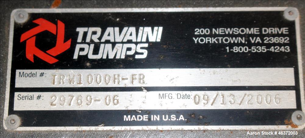 Used Travaini Vacuum System, Model TRW1000H-FR, Carbon Steel. Consisting of Travaini vacuum pump, model TRHE100-1600/X-C/F, serial #AC469-M0PXI, approximately 1000 CFM, 4" inlet/outlet, driven by 100...
