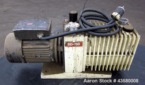 Used Varian Dual Stage Rotary Vane Vacuum Pump, Model SD-700, Part# 0424-P1241-301, Carbon Steel. Approximate 24 cfm. Driven by a 1.5hp, 1/60/115/230 volt, 1735 rpm motor.