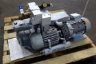 Used Busch Series R5 Single Stage, Oil Sealed, Rotary Vane Vacuum Pump, Model 0100-131, Carbon Steel. Rated 63 cfm, air cooled. Driven by a 3 kw, 220/240 volt, 1440 rpm motor. Base mounted.