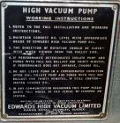 Used Edwards Speedivac High Vacuum Rotary Pump, Model ED250. Approximate 8.7 cfm, driven by a 3/4 hp, 1/60/115/230 volt, 1725 rpm motor.