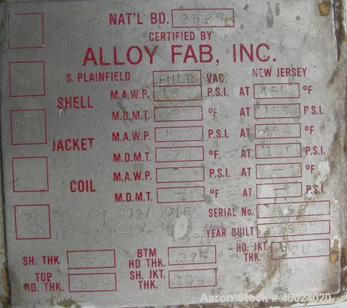 Used Alloy Fab Reactor, 2000 gallon, Hastelloy C22, vertical. 78" diameter x 84" straight side, 2:1  elliptical top and bottom. Internal rated 150 psi/fv at 450 deg.f., 316L stainless steel 3" 1/2 pi...