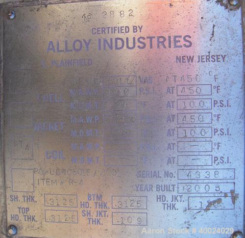 Used Alloy Industries Reactor, Approximately 2000 gallon, Hastelloy C22, vertical. 78" diameter x 7' straight side, elliptical top and bottom. Internal rated 100/fv at 450 deg.f., 316L stainless stee...
