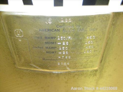 Used American Alloy Fab Reactor, 50 Gallon, C22 Hastelloy Construction. Bolt-on dished top, dished bottom. Internal rated 150 psi and full vacuum at 450 degrees F, jacket rated 150 psi and full vacuu...