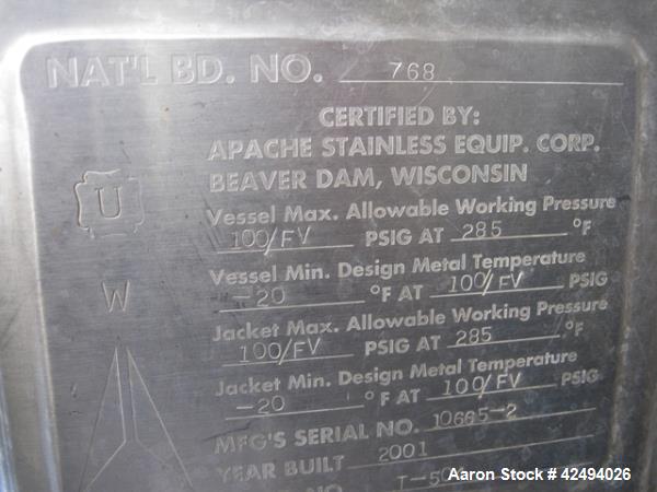Used Apache reactor, 500 gallon, hastelloy C276 construction, 54" diameter x 40" straight side, semi elliptical top and bottom, rated 100 psi and full vacuum at 285 f internal, 316L stainless steel 1...