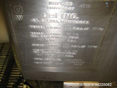 Used DCI Reactor, 50 Gallon, C276 Hastelloy. Bolt-on dished top, dished bottom. Internal rated 150 psi and full vacuum at 366 degrees F, jacket rated 150 psi and full vacuum at 366 degrees F. Lightni...