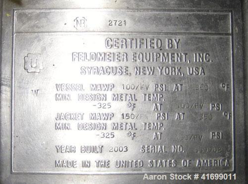 Used Feldmeier Reactor, 250 Gallon, Hastelloy C276, Vertical. 44" diameter x 28" straight side, dished top, coned bottom. Internal rated 100 psi/FV at +350/-350 deg.f., 304L stainless steel 1/2 pipe ...