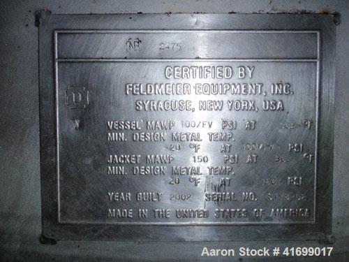 Used Feldmeier Reactor, 2000 Gallon, Hastelloy C22, vertical. 78" diameter x 100" straight side, dished top and bottom. Internal rated 100 psi/FV at 302 deg F and -20 feg F at 100/FV. Jacket rated 15...