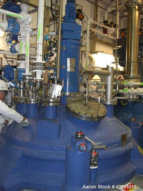 Used Graham Hart Reactor, approximately 1321 gallon (5,000 liter), Hastelloy C22, vertical. Internal rated 6 bar/full vacuum (87 psi/FV) at -90 to 200 deg C (-130 to 392 F). External coil jacket rate...