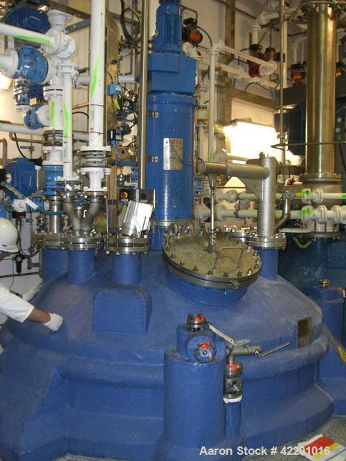 Used Graham Hart Reactor, approximately 1321 gallon (5,000 liter), Hastelloy C22, vertical. Internal rated 6 bar/full vacuum (87 psi/FV) at -90 to 200 deg C (-130 to 392 F). External coil jacket rate...