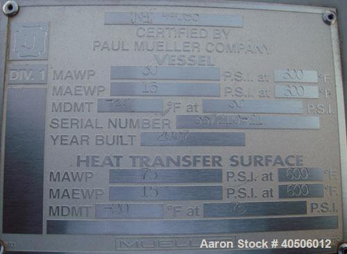Unused- Mueller Reactor, 2,500 Gallon, Model "F", SA-516 GR 70 Carbon Steel, Vertical. 90" diameter x 84" straight side, 2:1 elliptical top and bottom. Internal rated 30 psi at 600 deg F and -20 deg ...