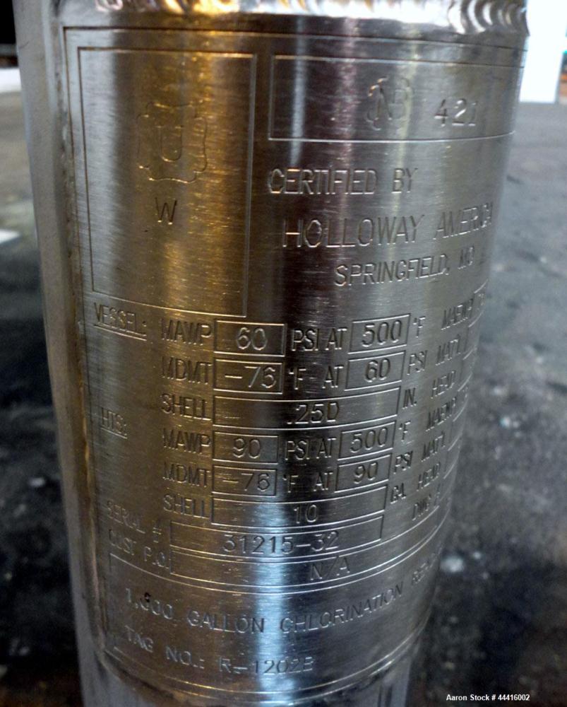 Unused- Holloway America Reactor, 1000 Gallon, Hastelloy C-276, Vertical. Approximate 62” Diameter x 70” straight side, dished top and bottom. Internal rated 60 psi at -76 to 500 degrees F, 304L Stai...