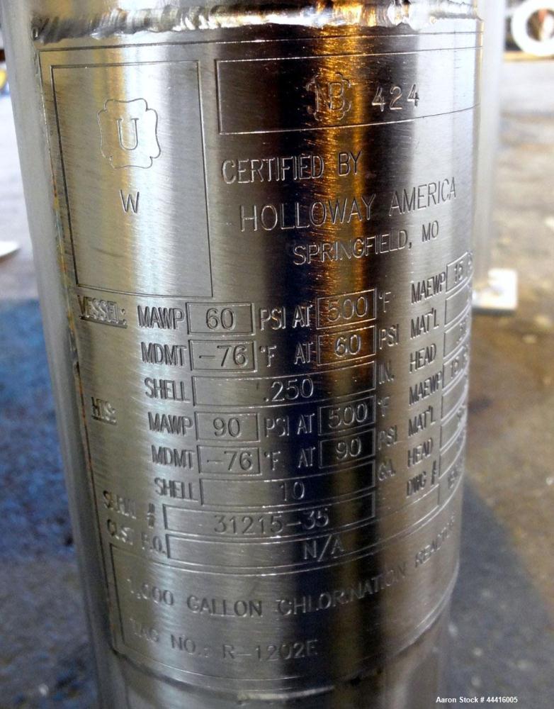 Unused- Holloway America Reactor, 1000 Gallon, Hastelloy C-276, Vertical. Approximate 62” Diameter x 70” straight side, dished top and bottom. Internal rated 60 psi at -76 to 500 degrees F, 304L Stai...