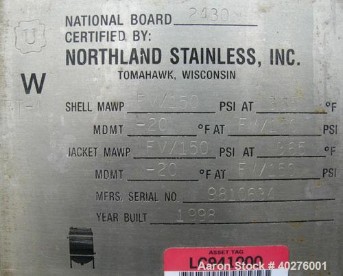 Used: Northland Stainless reactor, 150 gallon, Hastelloy C 276.  Approximately 42" diameter x 21" straight side. Dished top and  bottom. Internal rated fv/150 psi at 365 deg F, 316L stainless steel j...