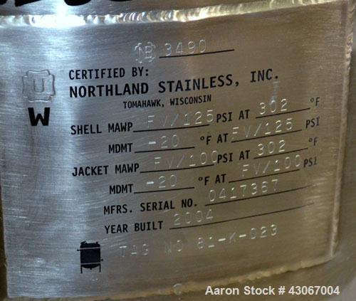 Used Northland Stainless Reactor, 30 Gallon, Hastelloy C-22, Vertical. Approximately 18’’ diameter x 25’’ straight side, dished top and bottom. Internal rated FV/125 psi at -20 to 302 degrees F, 316L...
