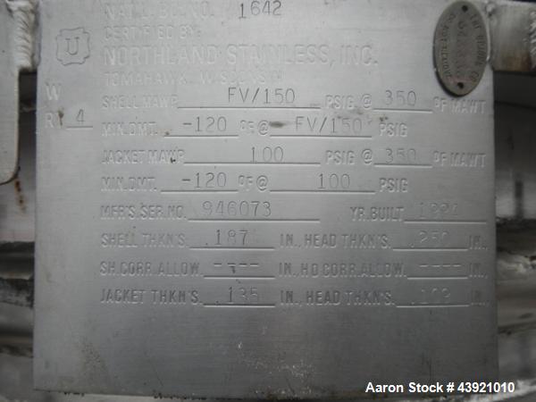 Used Northland Stainless Reactor, 150 Gallon. Hastelloy C275 construction, approximate 30" x 30" straight side. Internal rated 150 psi & Full Vacuum -155 to 350 degrees F, 304L stainless steel ½ pipe...