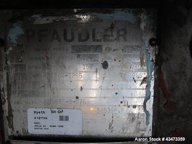Used Pfaudler Reactor, 1000 Gallon, Hastelloy C276. Approximately 60" diameter x 78" straight side, semi elliptical top and bottom. Internal rated 55 psi & Full Vacuum at 500 degrees F. 1/2 Pipe jack...