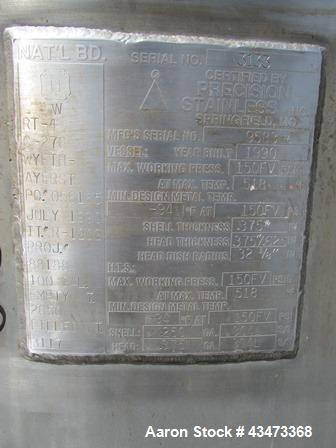 Used Precision Stainless Reactor, 100 Gallon, Hastelloy C276. Approximately 32" diameter x 36" straight side, dished removable top, semi elliptical bottom. Internal rated 150 psi & Full Vacuum at +51...