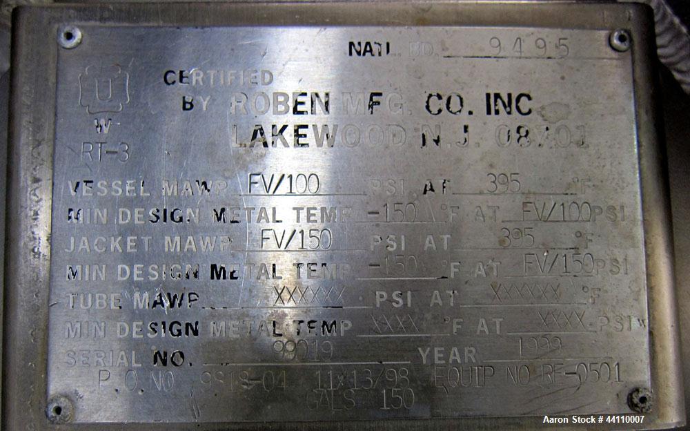 Used Roben Reactor, 150 Gallon, Hastelloy C-22. Internal Rated 100 psi/Full Vacuum at 395 degrees F. 304L Stainless steel jacket rated 150 psi/Full Vacuum at 395 degrees F. 40" dia x 27" T/T. 2 HP, 2...