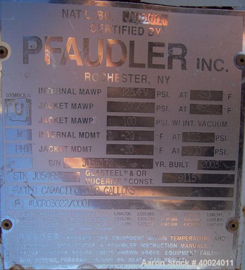 Used- Pfaudler K Series Glass Lined Reactor, 1000 gallon, 9115 blue glass. Approximately 5' diameter x 6' straight side, dis...