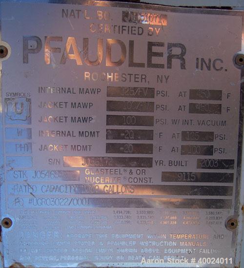 Used Pfaudler K Series Glass Lined Reactor, 1000 gallon, 9115 blue glass. Approximately 5' diameter x 6' straight side, dished top and bottom. Internal rated 125/fv at 450 deg.f., jacket rated 100/fv...