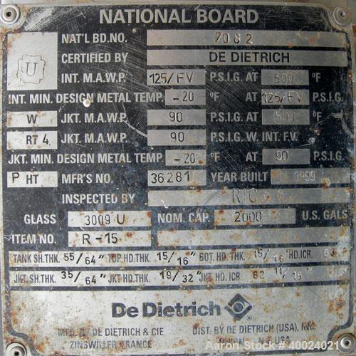 Used Dedietrich Glass Lined Reactor, 2000 gallon, 3009 white glass with calibration lines. Approximately 76" diameter x 96" straight side, dished top and bottom. Internal rated 125/fv at 500 deg.f., ...