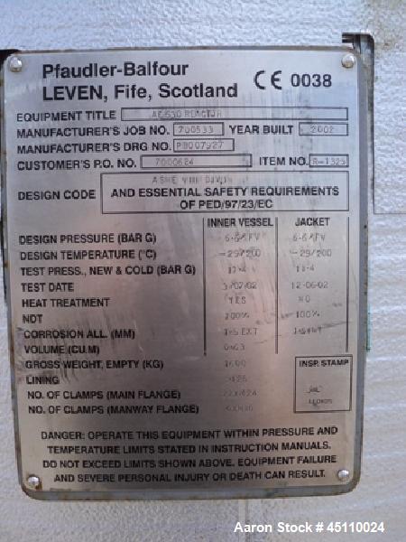 Used Pfaudler Glass Lined Reactor, Model AE630
