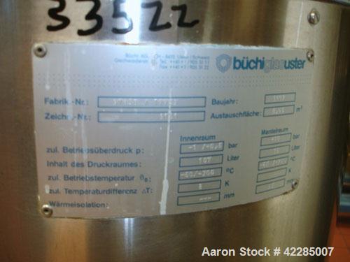 Used Buchi Reactor Train consisting of: (1) Buchi 100 Liter Glass Reactor, (1) Buchi 100 Liter Glass Agitated Receiver, (2) Vertical Glass Coil Condensers, (1) Vertical Coil Vent Condenser. 