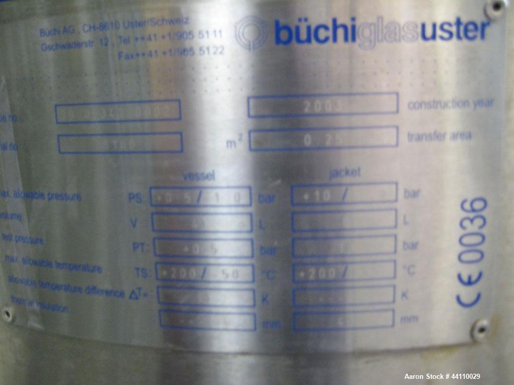 Used Buchi Glass Reactor, 30 Liter (7.9 Gallon). Internal rated +0.5/-1.0 bar at +200/-50 degrees C, jacket rated +10/-1.0 bar at +200/-60 degrees C. Bolted glass dished top, welded glass-lined (whit...
